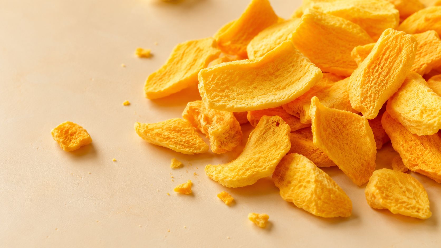 Golden freeze-dried mango pieces in a tidy bowl for a healthy snack routine
