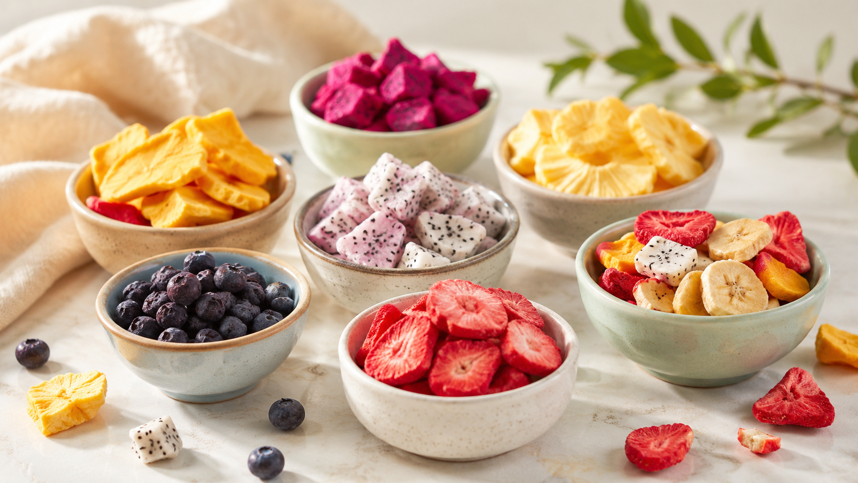 Small bowls filled with colorful freeze-dried fruit pieces on a soft pastel surface