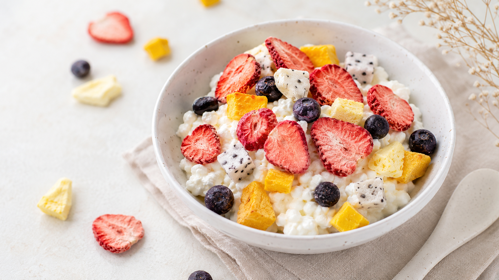 Freeze-dried fruit used as a creamy bowl topping