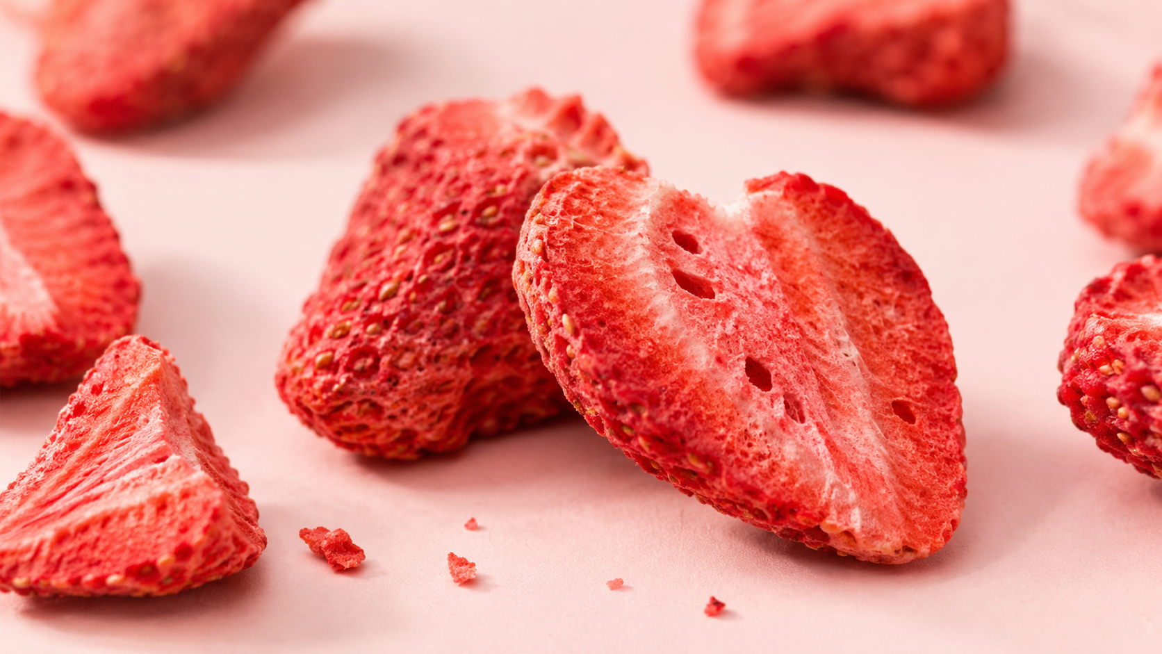 Close-up of crisp freeze-dried strawberry pieces for a crunchy fruit snack routine