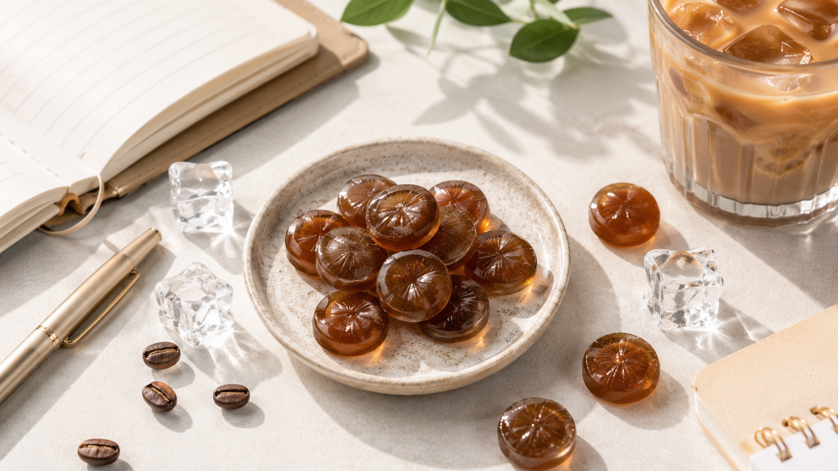 Coffee candy styled on a study desk with a cooling summer feel